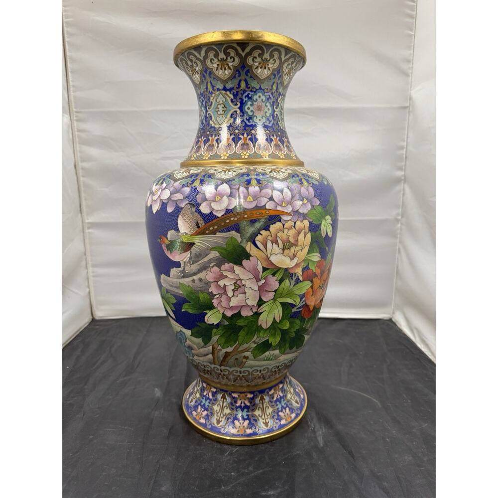 Large 20" Chinese Cloisonne Enamel Vase Cobalt Blue Birds Cherry Blossom Vintage